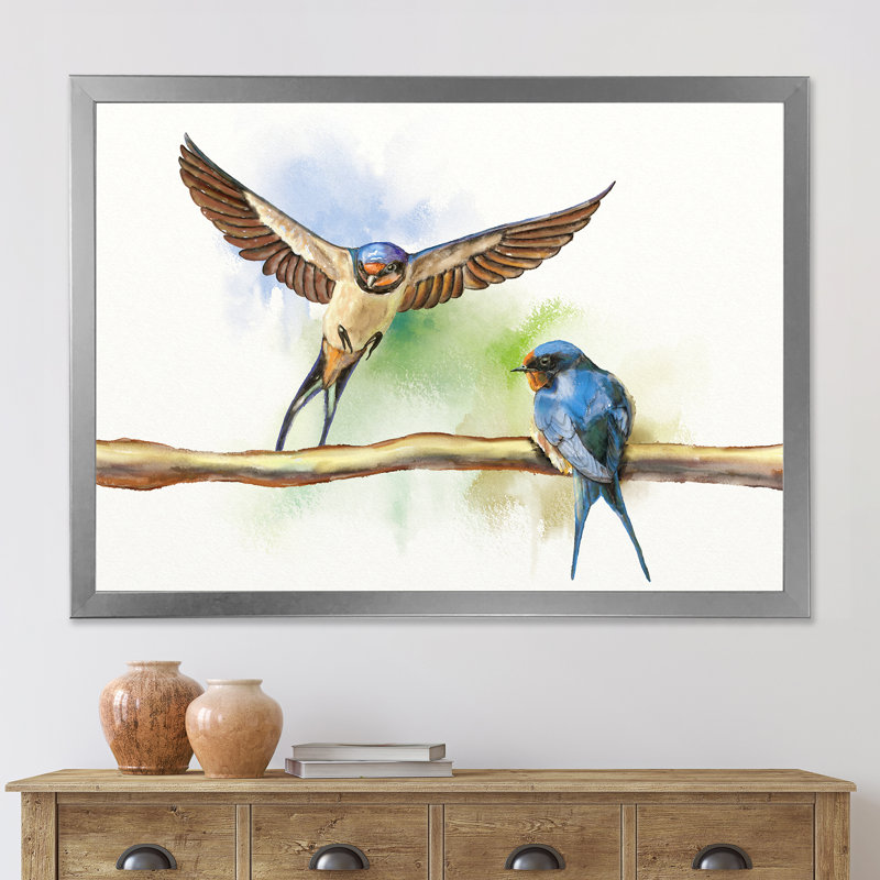 «Two Barn Swallows Birds», peinture sur toile encadrée, H 12 po x l 20 po x p 1 po, Encadrement argenté