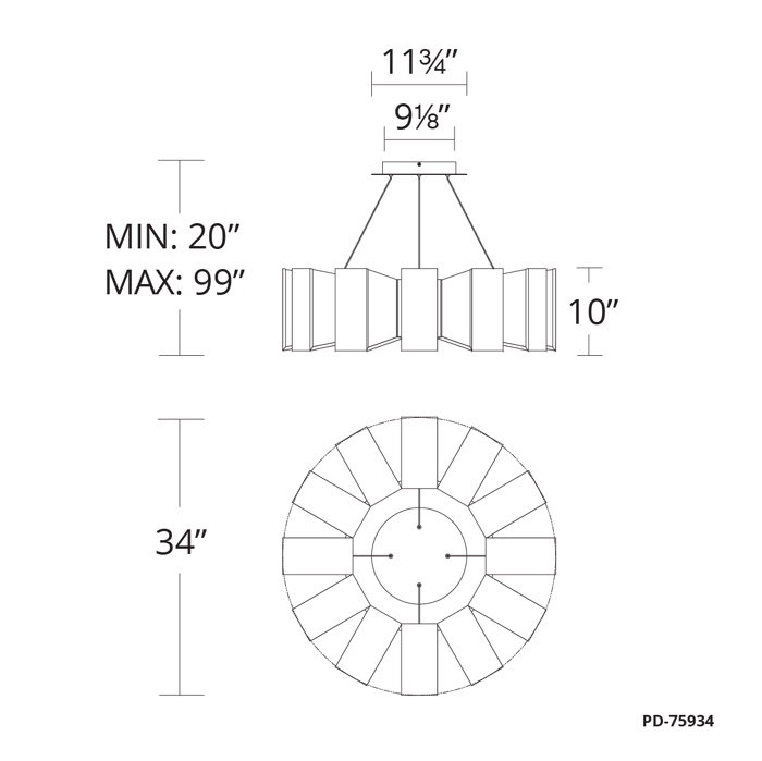 Chronos 12 - Light Unique / Statement Drum LED Chandelier, Black, 10" H X 34" W X 34" D , 12 Lights