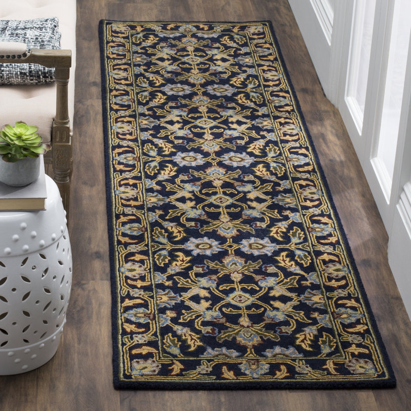 Tapis oriental bleu marine en laine touffeté à la main Ferrera, Tapis de couloir 2 pi 3 po x 10 pi