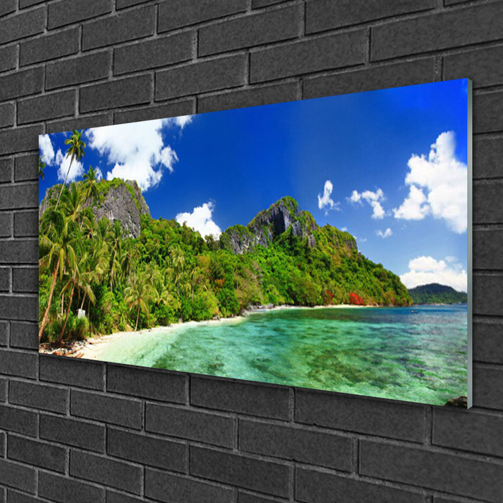 Glasbild Strand Berge Landschaft