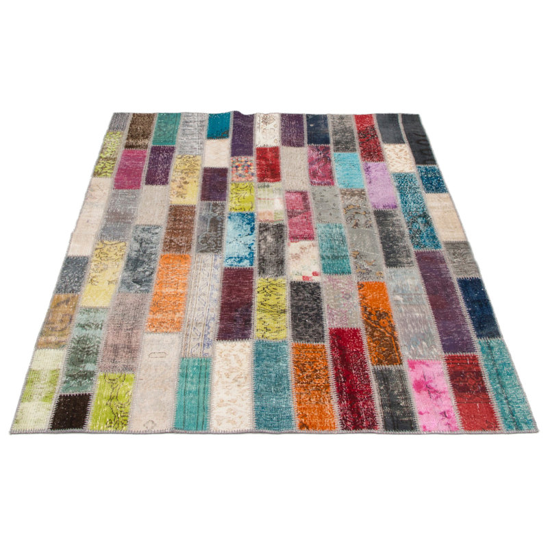 Tapis unique en laine noué à la main vert / rouge / rose 5 pi 10 po x 8 pi années 2010 Lorretta