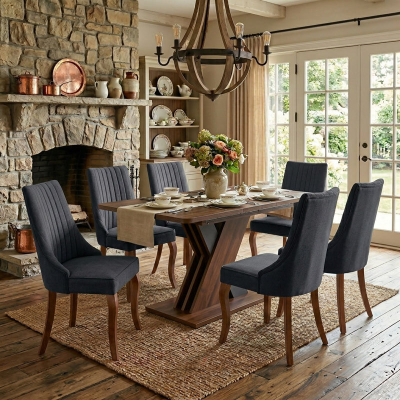 Rectangle Pedestal Dining Set with Rayon Cloth Flocking Fabric Dining Chairs Set, 7, Brown, Black