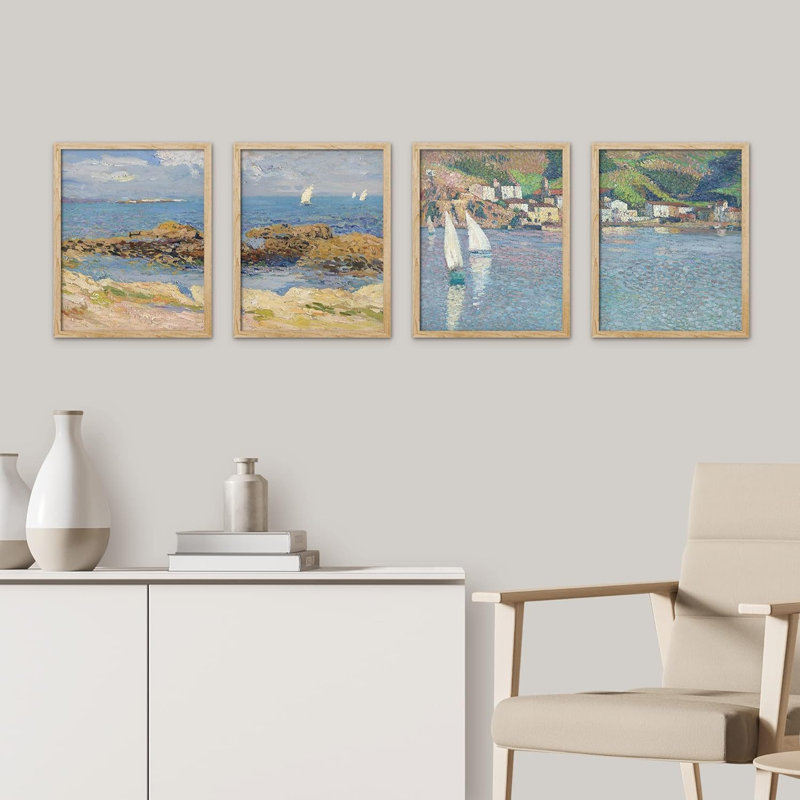Ensemble de 4 reproductions murales encadrées sur papier, 4 pièces, H 10 po x l 8 po x P 1 po, Naturel
