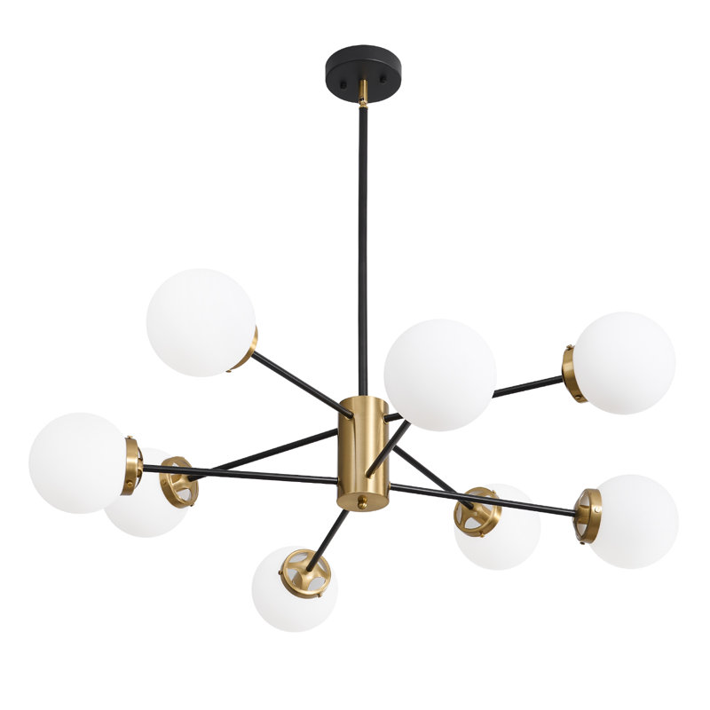Lustre spoutnik linéaire moderne à 8 lumières Asumi avec abat-jour en verre blanc laiteux, Noir mat / Or