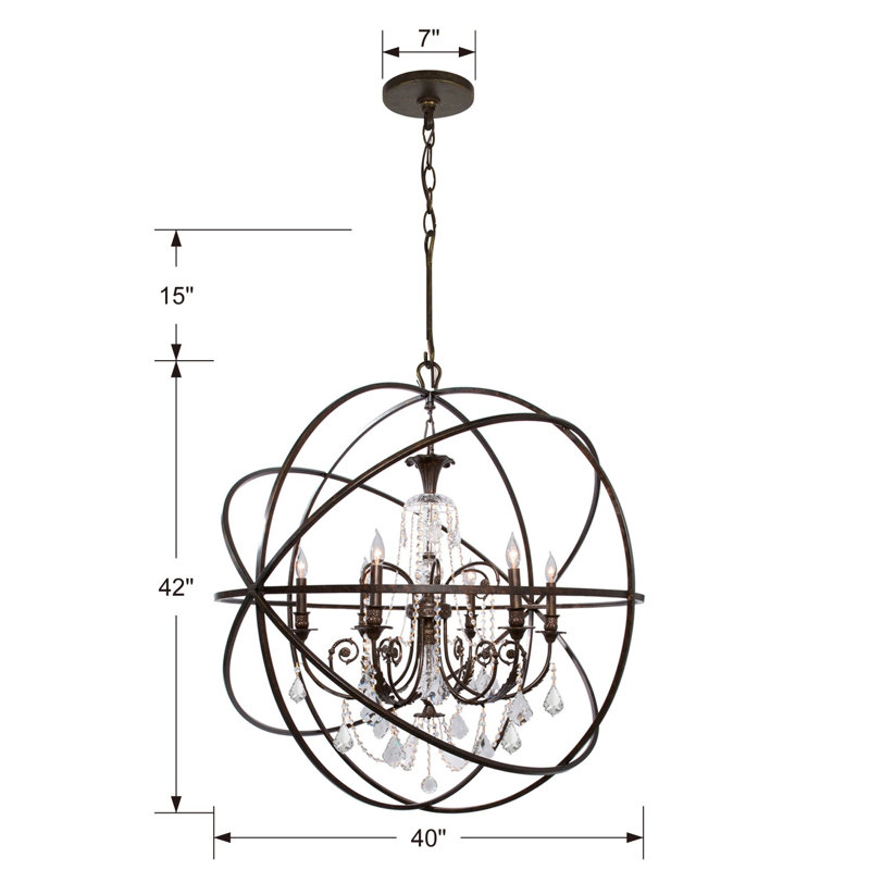Lustre 6 lumières façon bougie Dreiling, Bronze anglais, Transparent, taillé main