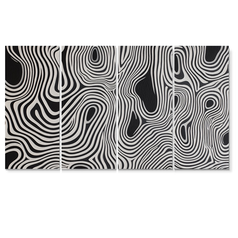 «Black Minimal Labyrinth Waves - Minimalisme», art mural noir et blanc 4 pièces, H 28 po x l 48 po