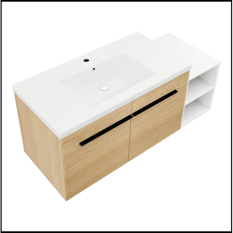 Meuble-lavabo mural avec 2 portes et tablettes de rangement latérales, Natural