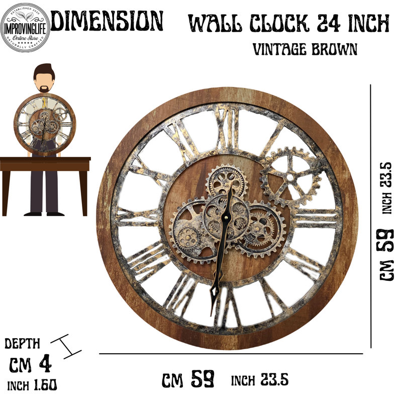 24" Rustic Industrial Oversized Wall Clock with Moving Gears