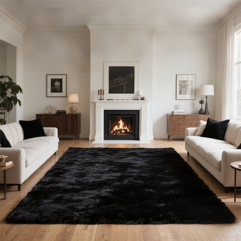 Soft Black Shag Area Rug, Rectangle 6' x 9', Black