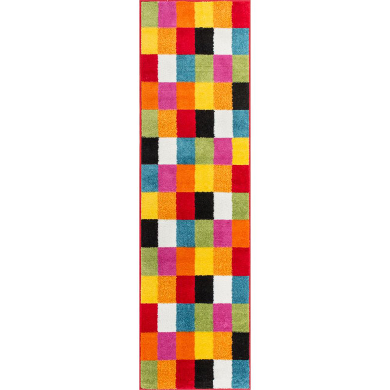 Bright Squared Geometric Red/Blue/Yellow Kids Area Rug, Runner 2'3" x 7'3"