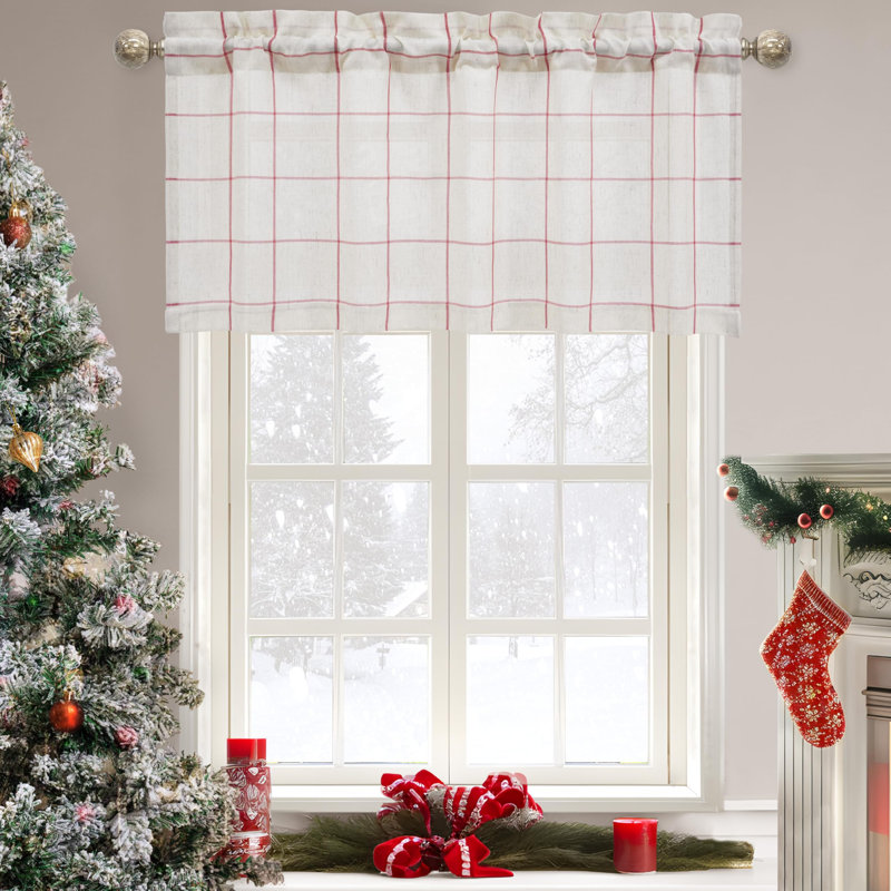 Windowpane Plaid Linen Textured Small Window Valance for Kitchen Bedroom Light Filtering Valance, 52" W x 18" L