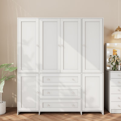 6-Door Armoire With Mirror, Wardrobe Closet With 3 Drawers