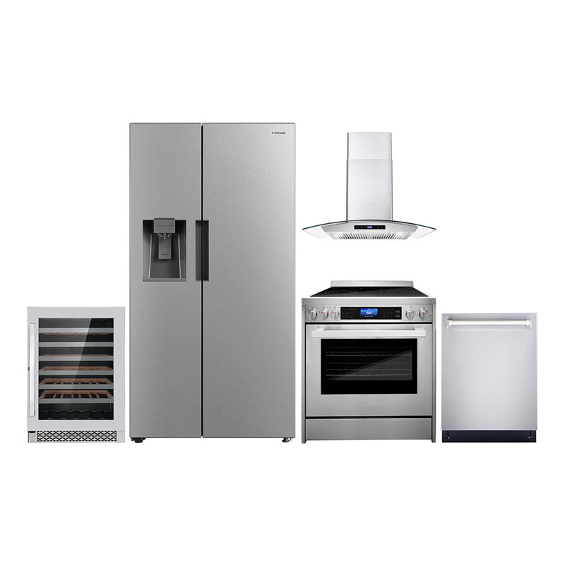Cosmo 5 Piece Kitchen Appliance Package with Side By Side Refrigerator 29.8'' Electric Freestanding Built-In Wall Mount Range Hood