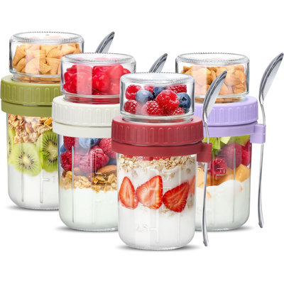 4 Pack Overnight Oats Containers with Lids 21 oz (16+5),Dual-Layer Yogurt Parfait Cups with Lids
