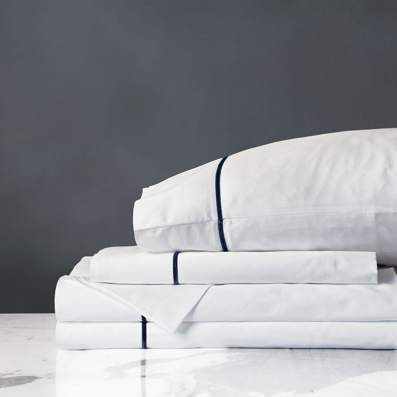 Linea Velvet Ribbon Sheet Set In Navy, White/Navy