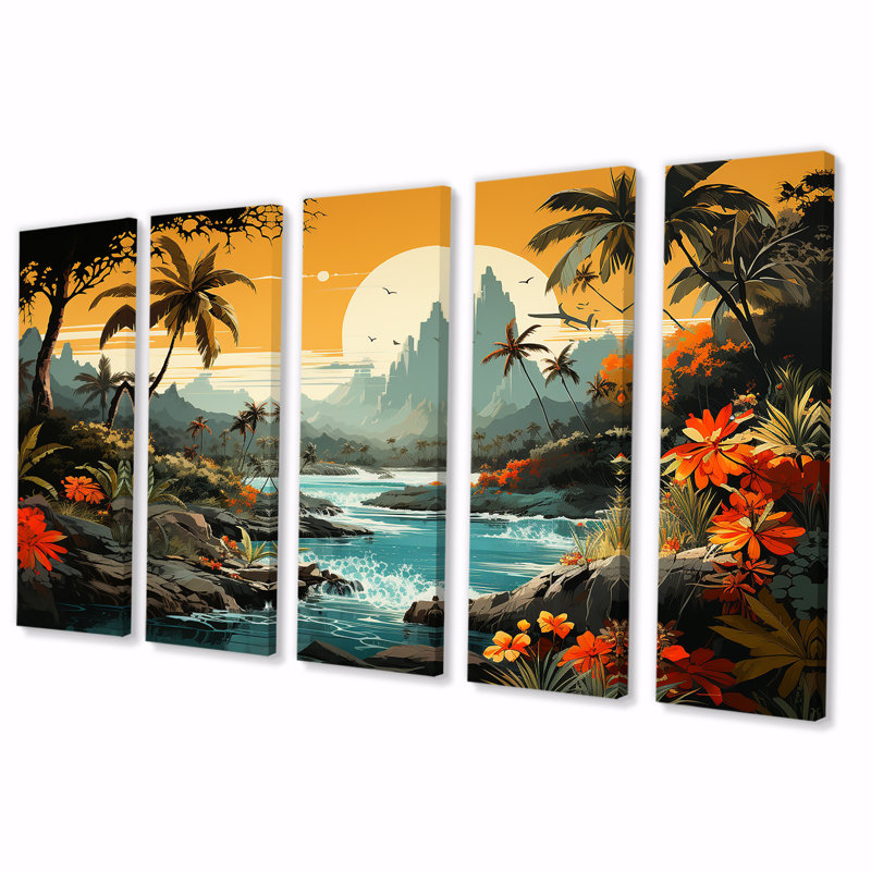 Vintage Tropical Coastline Paradise II - Coastal Tropical, art mural 5 pièces, H 32 po x l 80 po