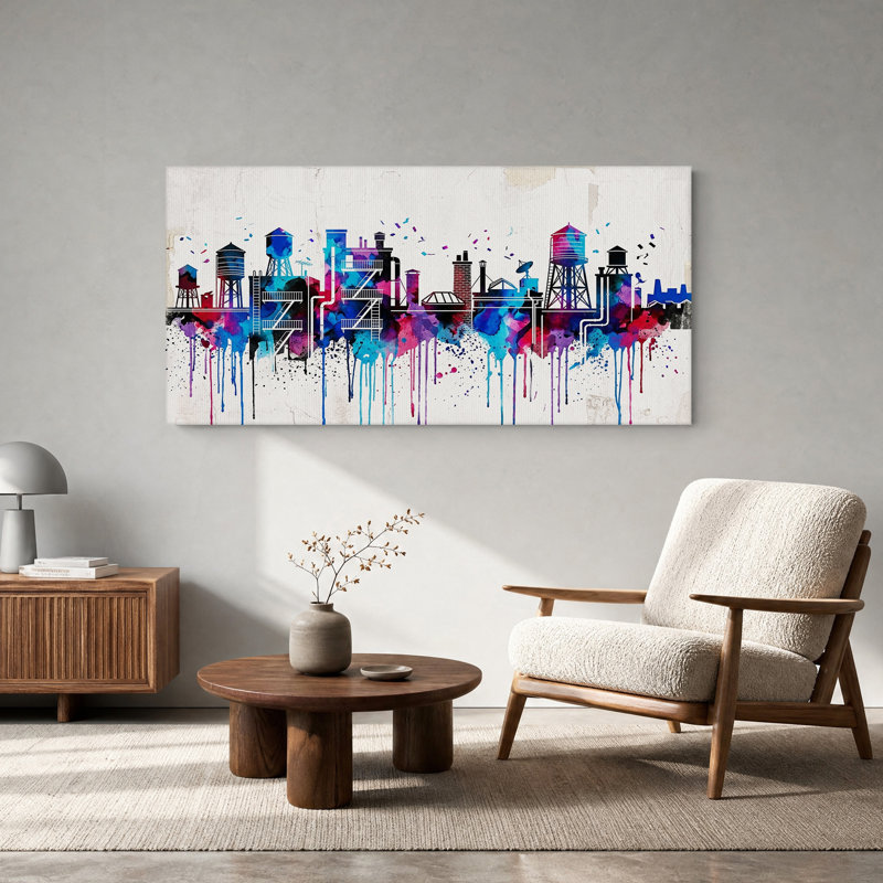 Toile bleue et mauve à l'aquarelle industrielle, L 32 po x H 16 po