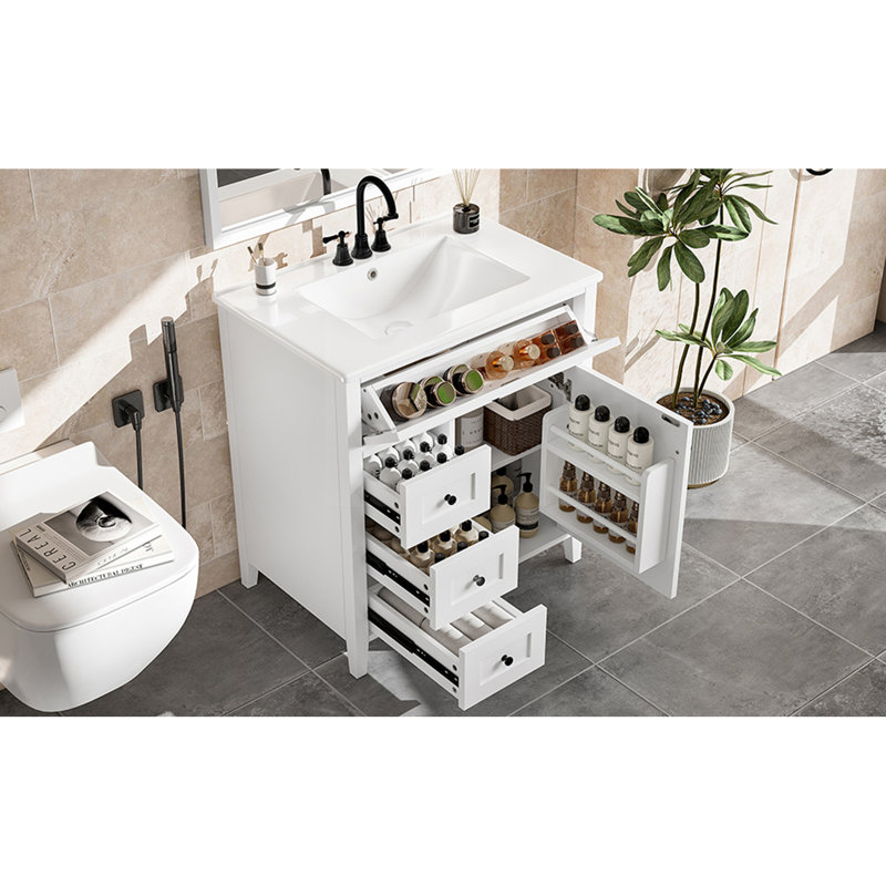 Meuble-lavabo de 30 pouces avec lavabo, panneau de fibres à densité moyenne moderne et rangement en bois d'hévéa