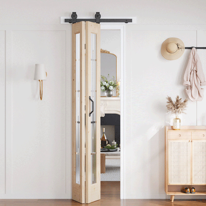 Porte de grange pliante en bois massif en verre givré sans finition avec trousse de quincaillerie d'installation