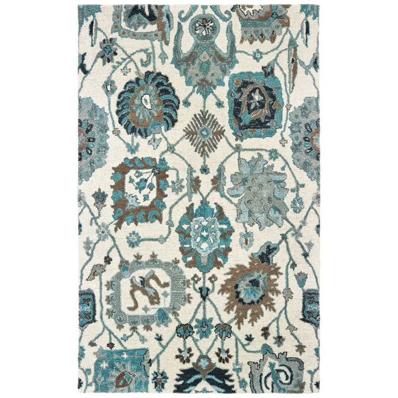 Tapis blanc / vert en laine touffeté à la main Imogene, Rectangle 8 pi x 10 pi