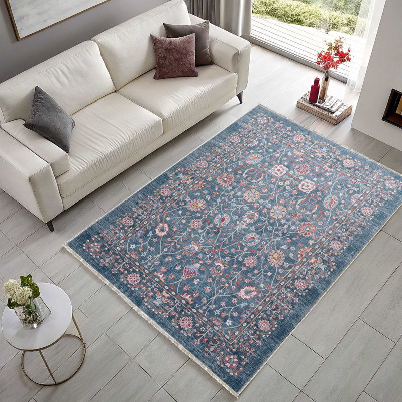 Chenille de coton bleue à motif floral antidérapant kilim, Rectangle 3 pi 4 po x 13 pi 2 po