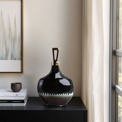 Elegant Round Glass Vase with Metal Handle Lid for Home Decor - Tall Table Vase Accent for Living Room Display & Flower Arrangement - Black & Gold