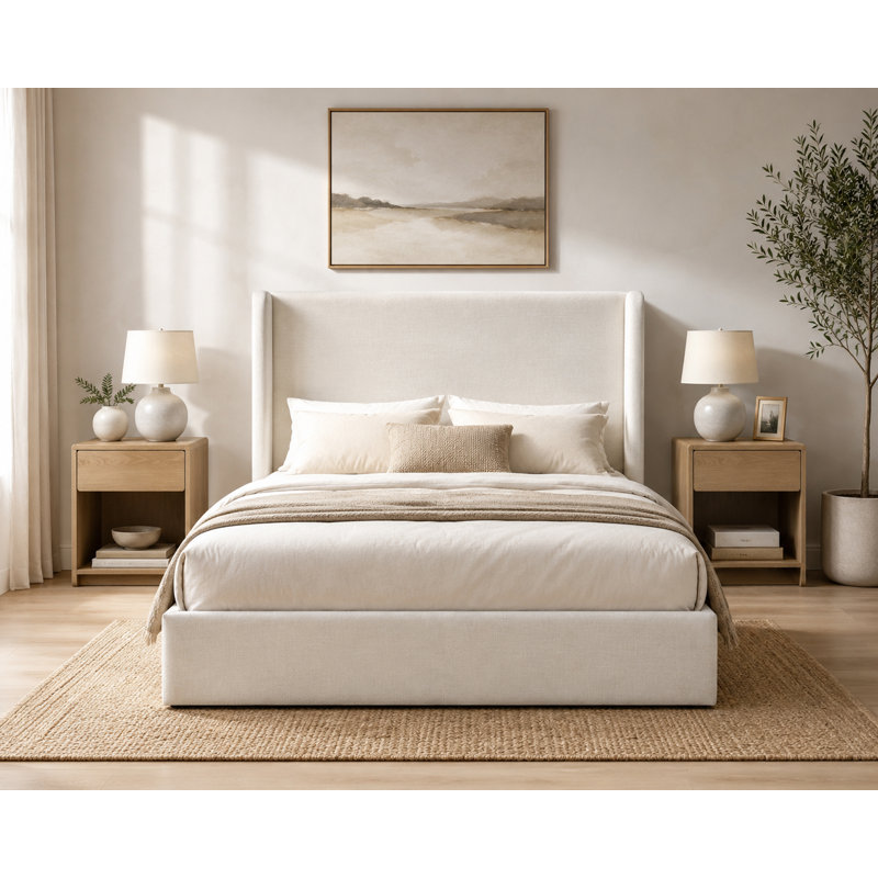 Ensemble de chambre à coucher 3 pièces - Lit plateforme tapissier avec tête de lit à oreilles de 54 po et table de chevet à 2 portes en rotin avec tablette ouverte