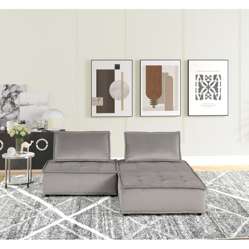 80" Wide Velvet Modular Seating Component, Light Gray Velvet