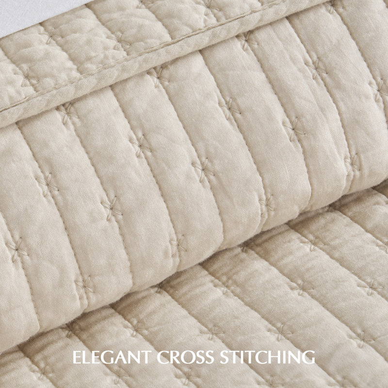 Cross Stitch Cotton Quilt set, Flax Beige, Oversized CalKing Quilt + 2 Cal King Shams