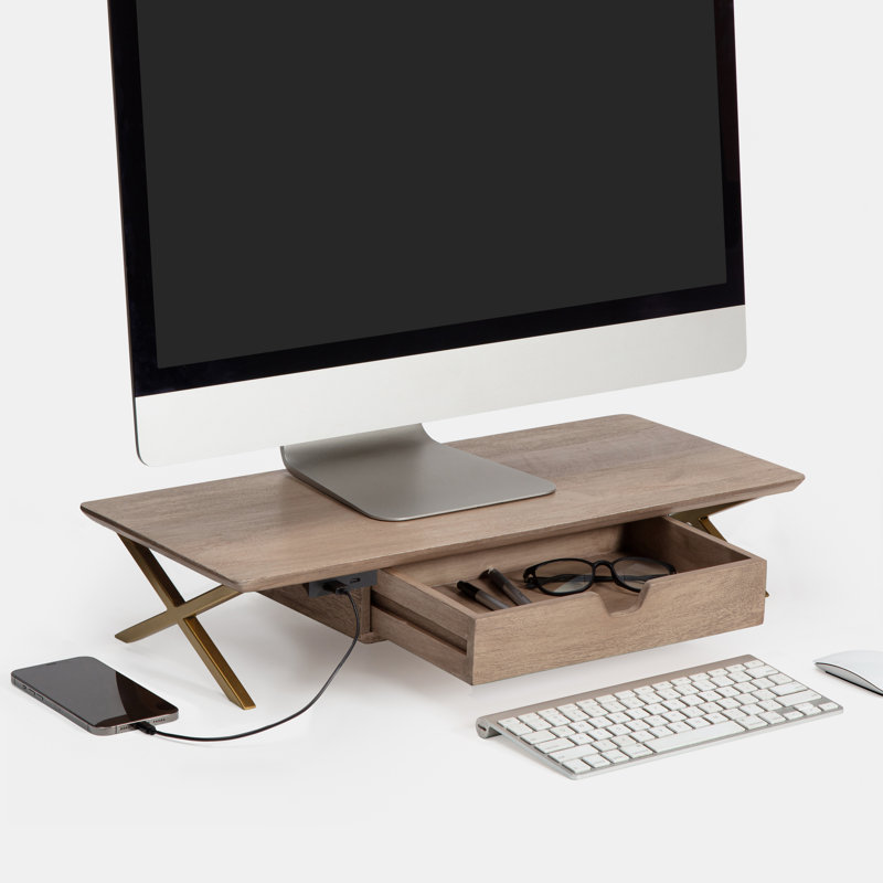 Support pour écran avec tiroir et port USB Sumekh, Naturel / Or, 24 pouces