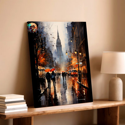 Rainy City Street, parapluie urbain, impression sur toile murale, art décoratif décoratif contemporain pour le salon, chambre, bureau, couloir, appartement, galerie, décoration murale