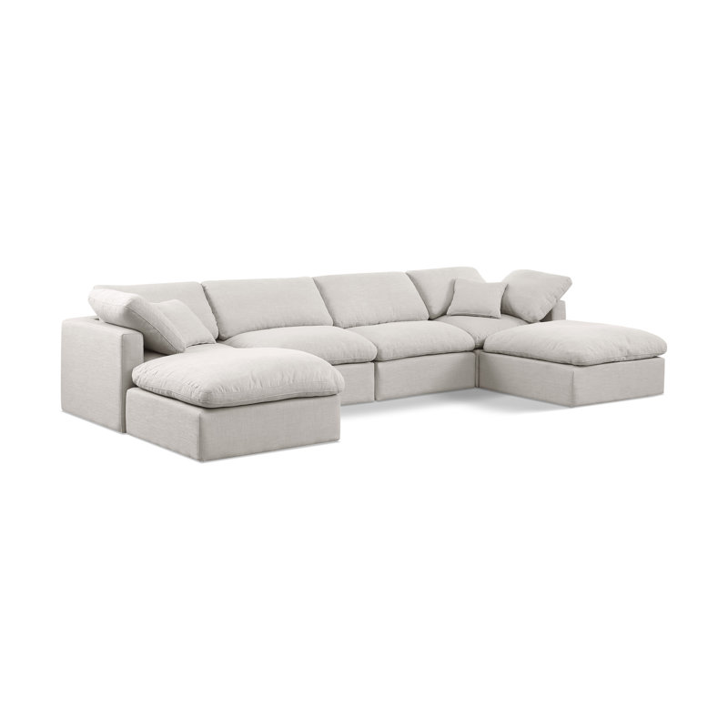 Canapé modulaire en coin 6 pièces Hinami, Tissu crème texturé en lin
