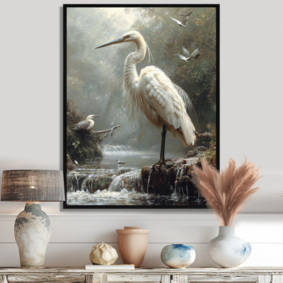 White Heron Looking For River Pray - Heron Animal Wall Art Decor