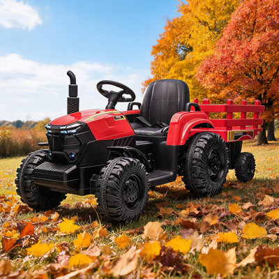 Tracteur électrique pour enfants, véhicule à 4 roues avec remorque, alimenté par batterie 12 V, double moteur 35 W, 3 vitesses, lumières DEL, démarrage progressif USB, ceinture de sécurité, pneus EVA, musique, cadeau