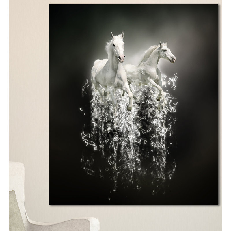 «Fantasy White Horses on Black Wall», reproduction d'impression sur toile, H 40 po x l 30 po x P 1 po, Toile tendue