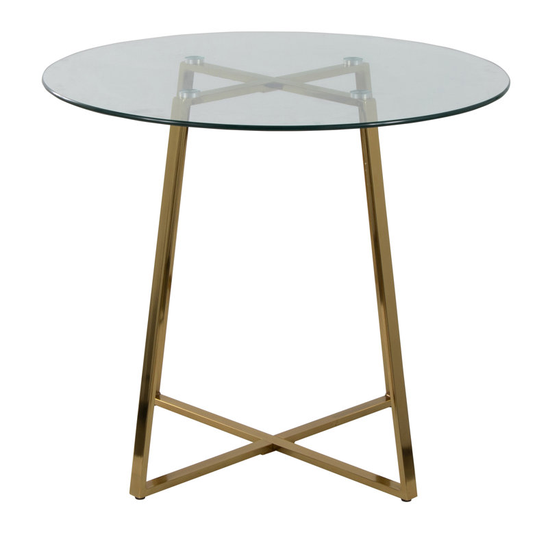 Table de salle à manger en métal doré et verre trempé transparent