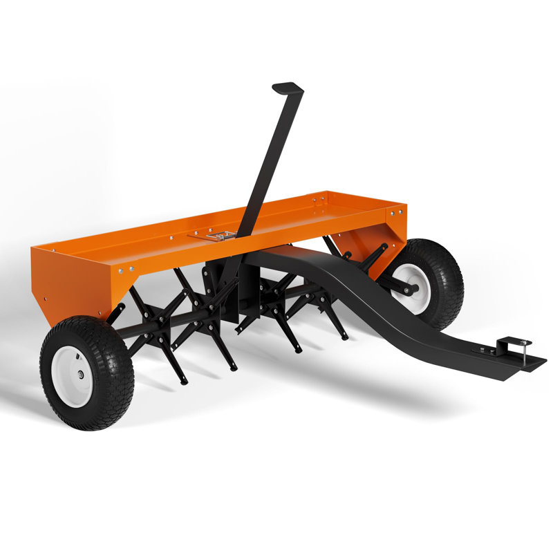 Aérateur de prise de gazon robuste de 48 pouces - 24 dents en acier, plateau de poids réglable de 150 lb, attelage universel, pneus pneumatiques - Aération profonde pour pelouses, jardins, tracteurs, VTT - Orange
