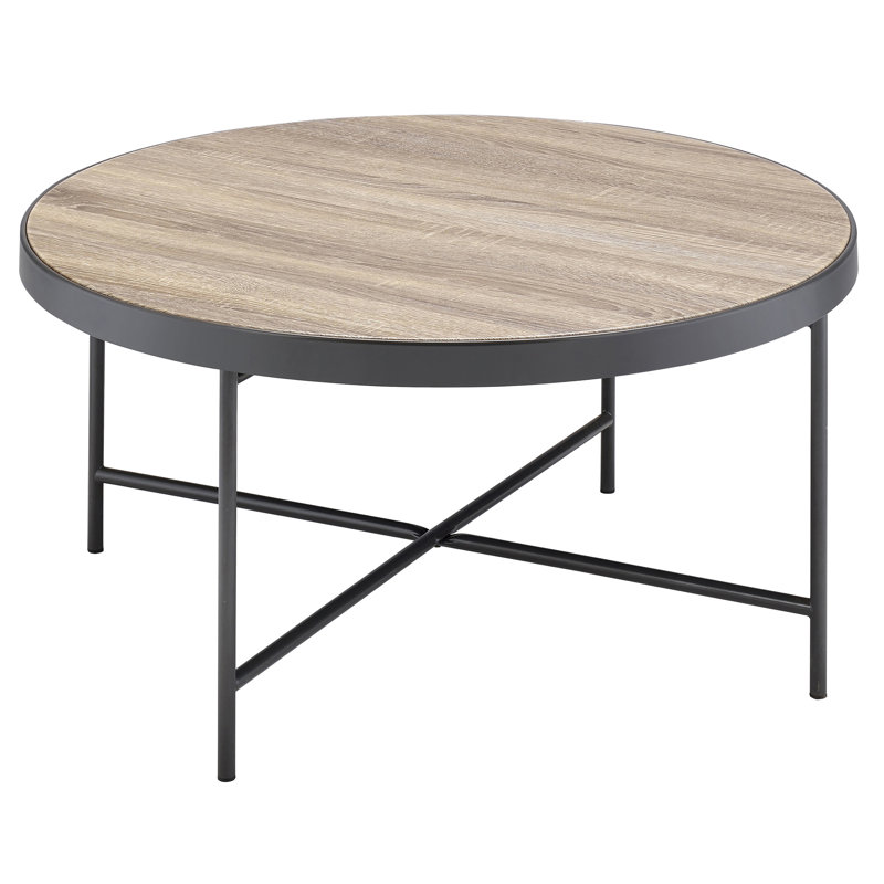 Table basse ronde avec design industriel, gris et noir, table en chêne noir patiné avec garniture en métal, fonctionnalité de conception