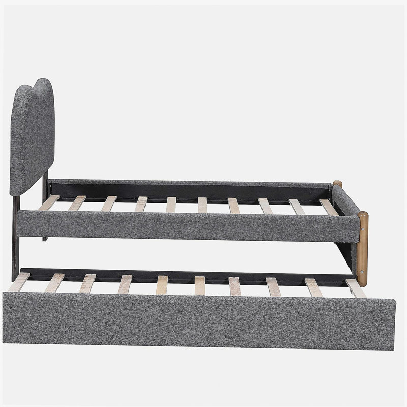 Lit plateforme simple tapissier avec pieds de support en bois et lit gigogne simple, gris