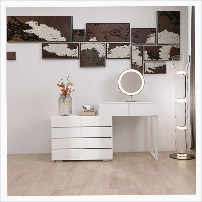 Extended Desktop 10 Drawer Chest, Handle-less, White Vanity