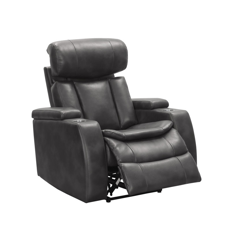 Siège de cinéma inclinable électrique en cuir véritable Asahd de 36 po de largeur avec porte-gobelet, Cuir véritable gris