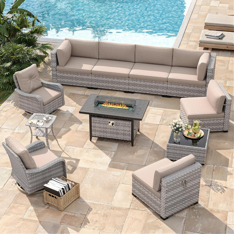 8 - Person Outdoor Rattan Furniture Patio Set with Fire Pit Table, Beige
