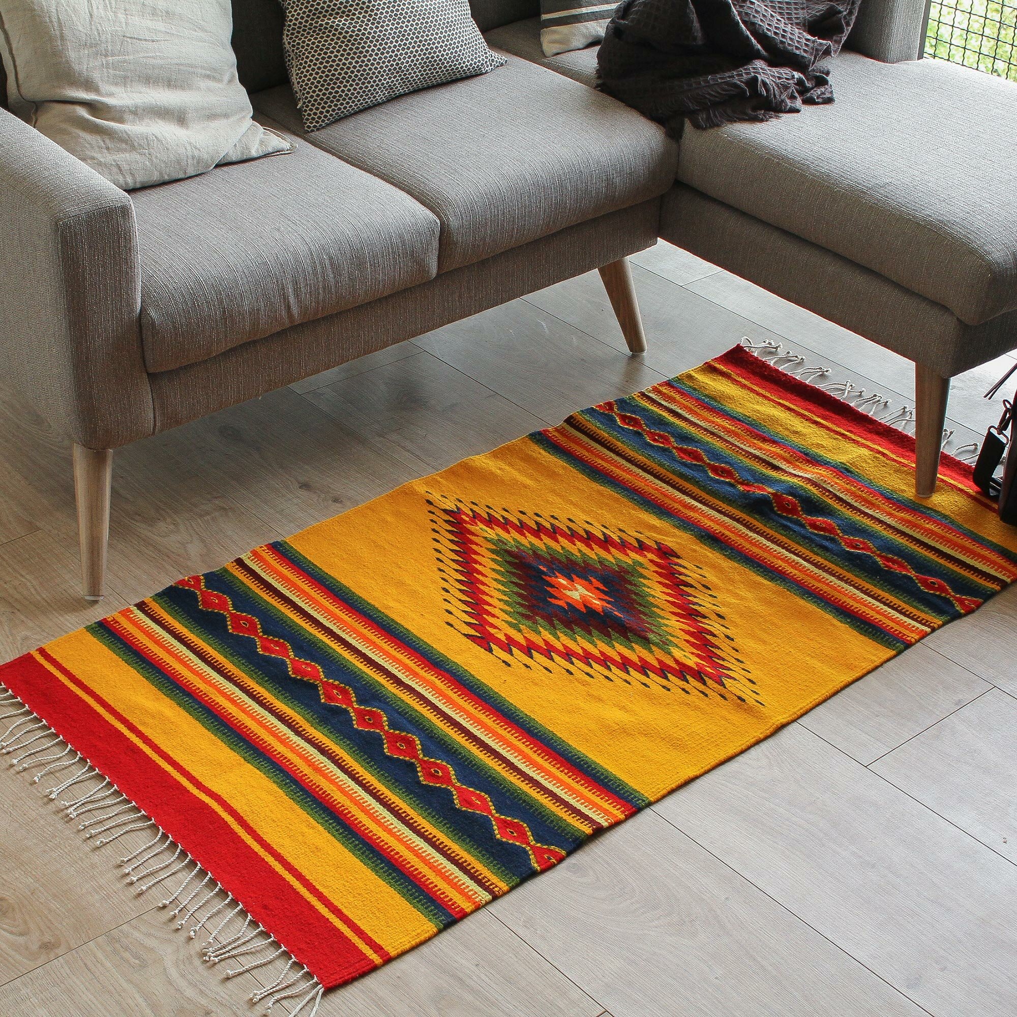 Mexican Wool Yellow Small Rug Handmade Oaxaca Hand-Dyed Natural Pigment  Carpet