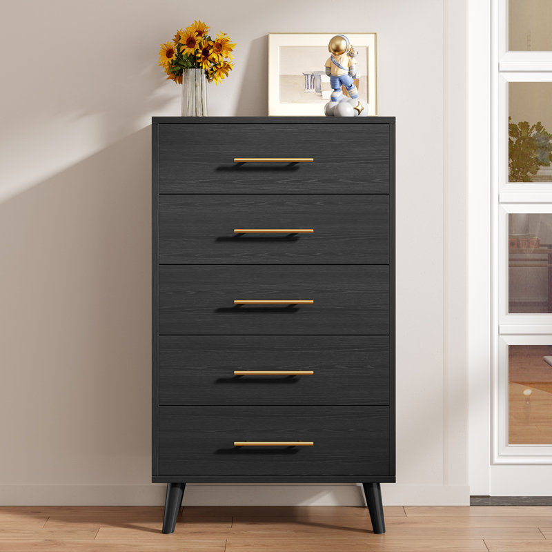 Black Tall 5-Drawer Wood Dresser with Gold Handles