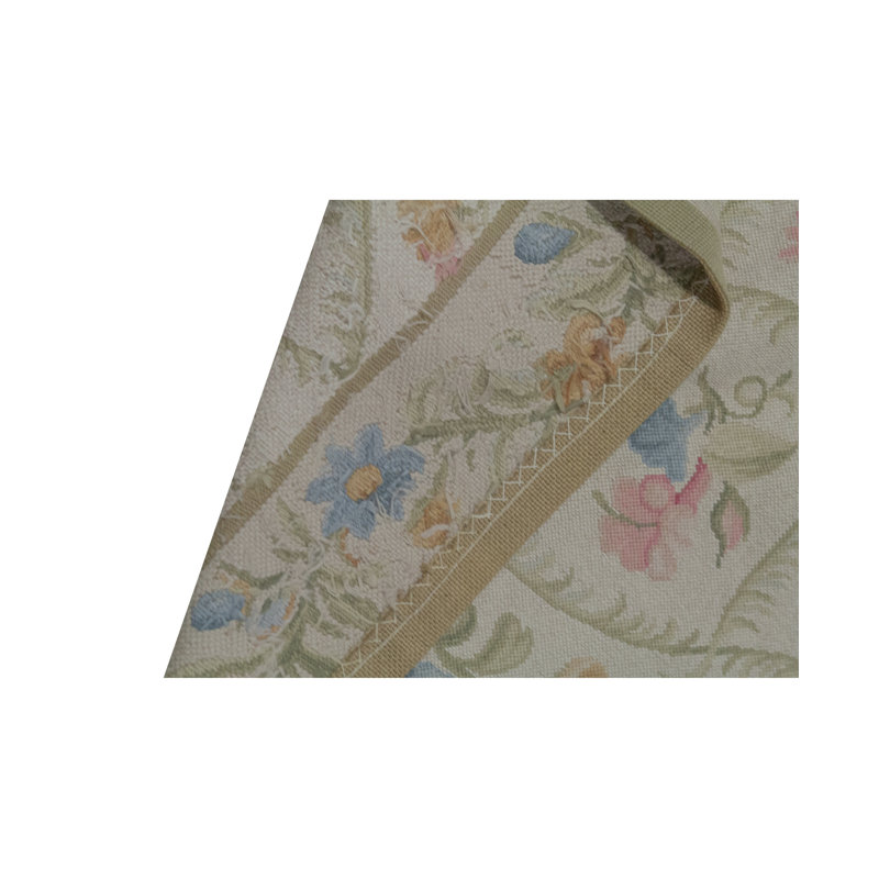 Needlepoint Hand-Knotted Wool Floral Area Rug in Ivory/Pink/Green