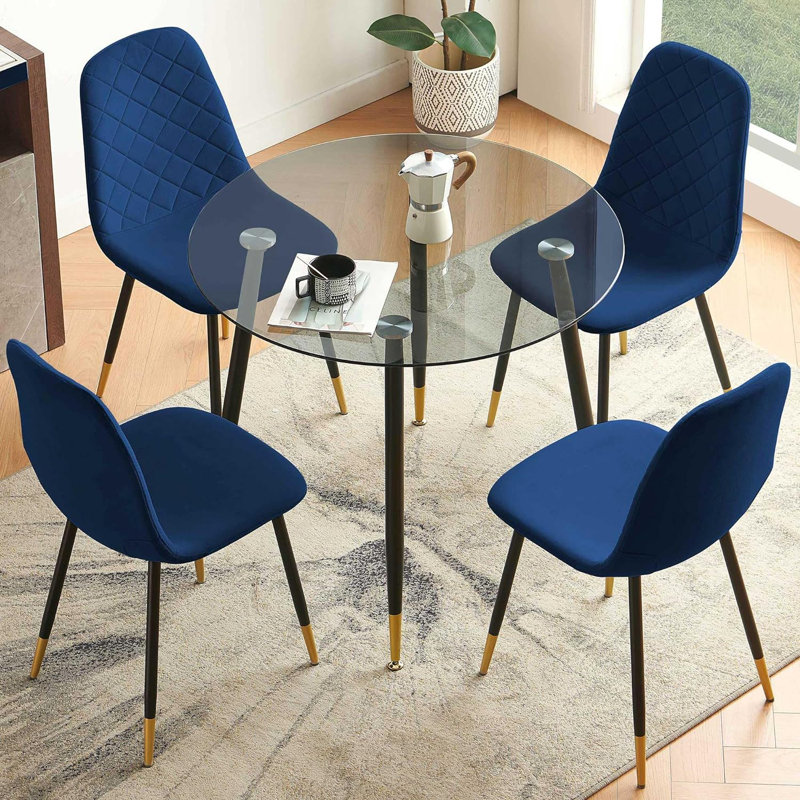 4 - Person Glass Top Four Leg Dining Set, Navy