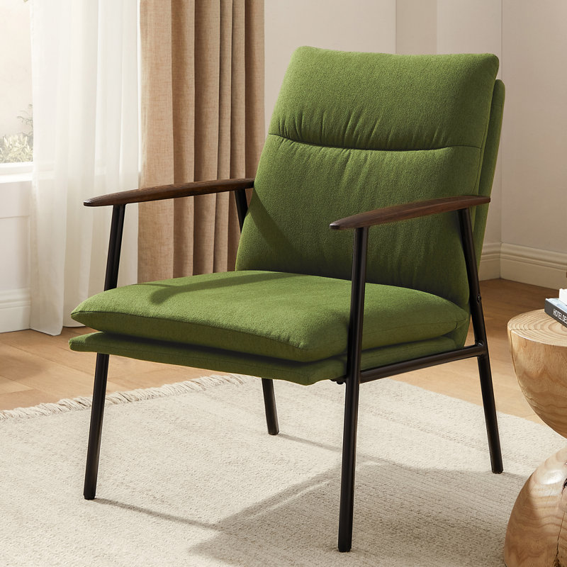 Fabric Upholstered Accent Armchair With Metal Frame And Wooden Armrests, Green