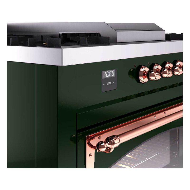 ILVE Nostalgie II Noblesse 60 in Dual Fuel Range 7 Burner, Griddle, Frenchtop, Liquid Propane, Emerald Green/Copper