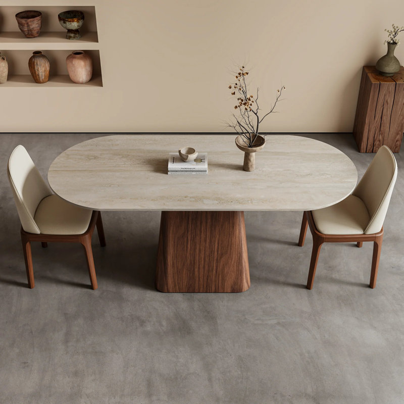 Table de salle à manger avec piédestal en bois et plateau en pierre frittée, H 29,50 po x L 55,10 po x l 31,40 po