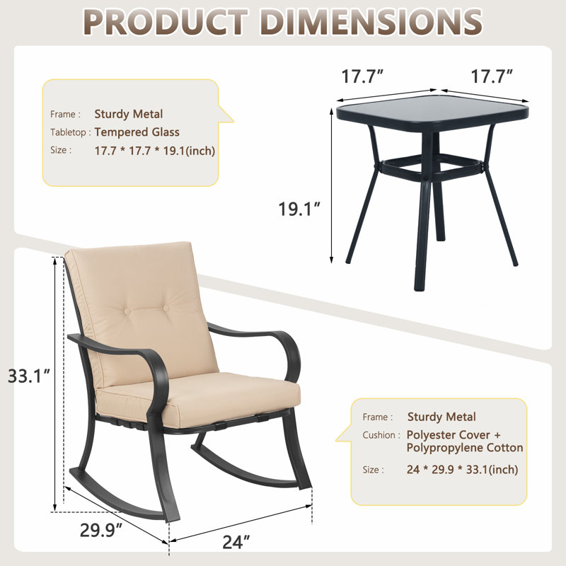 Ensemble de chaises berçantes d'extérieur 3 pièces avec table basse et coussins en verre, Beige